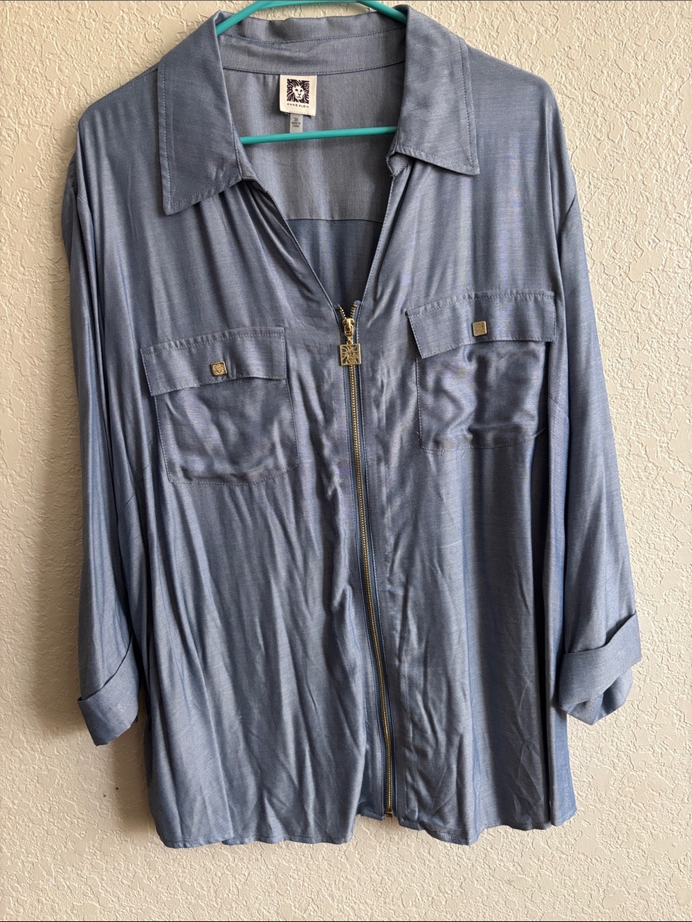 Anne Klein Light Blue Satin Button-Front Shirt
